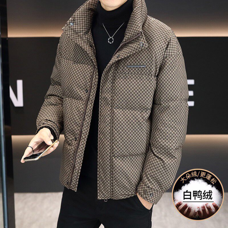 2025年新款格子羽绒服男士冬季潮牌时尚立领夹克加厚保暖防寒外套