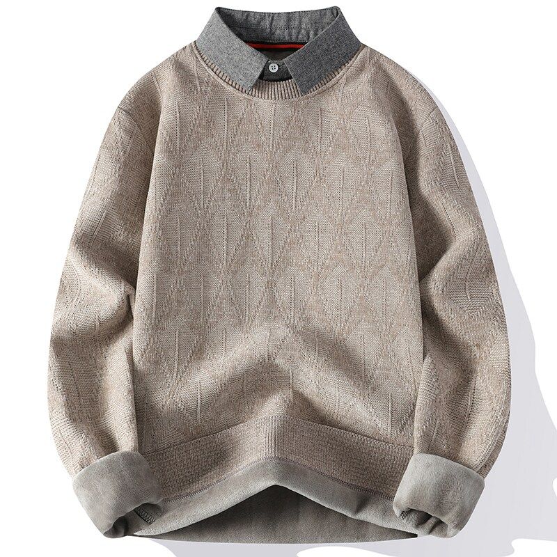 高级感假两件毛衣男款秋冬季加绒保暖线衣服男士衬衫领针织打底衫