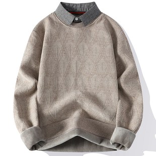 高级感假两件毛衣男款秋冬季加绒保暖线衣服男士衬衫领针织打底衫