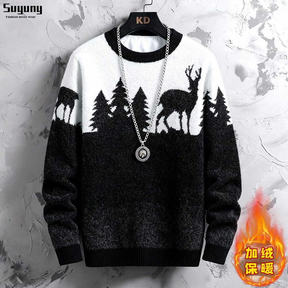 冬装圣诞风圆领毛衣男士加绒针织衫保暖修身内搭秋冬季新款线衣服