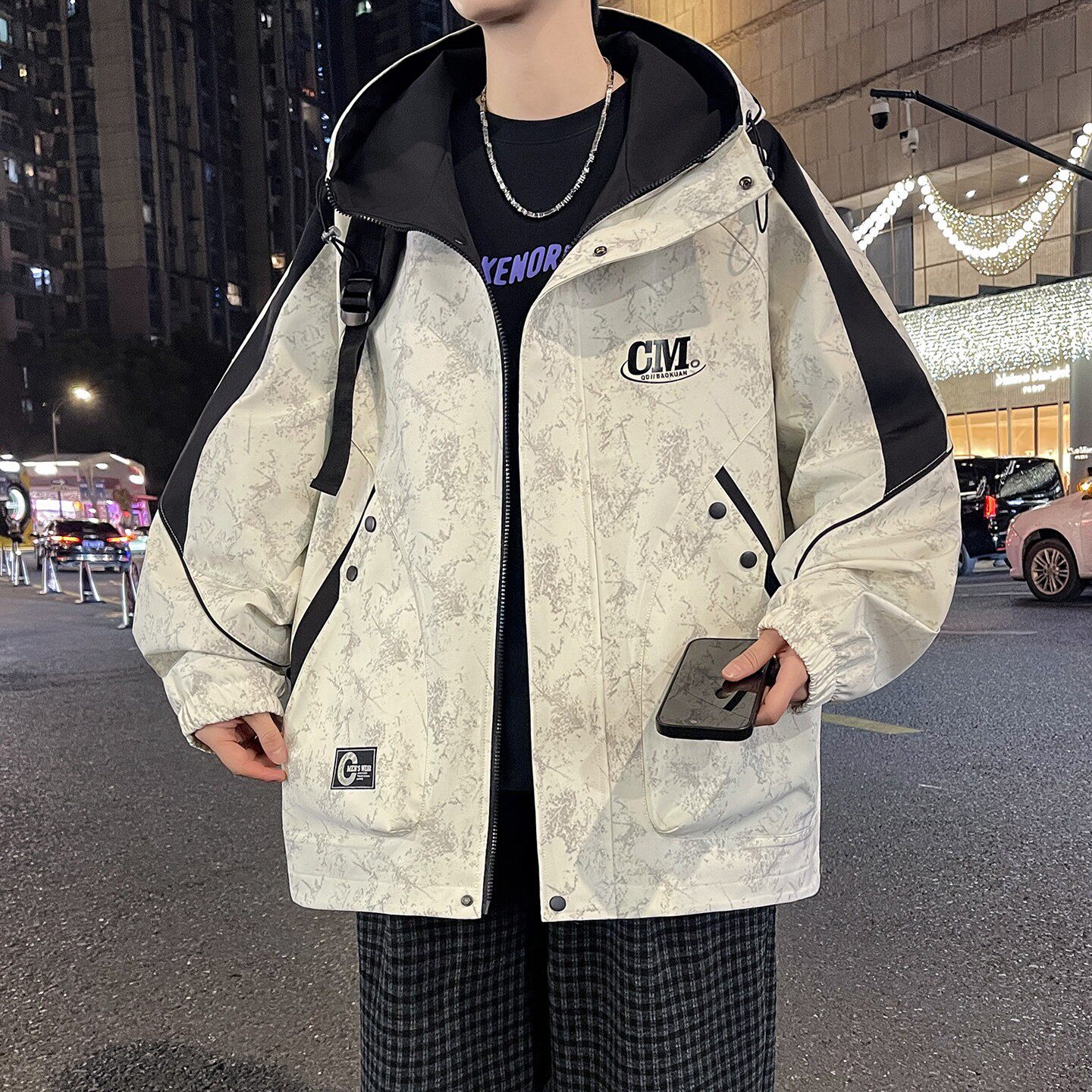 连帽夹克男春季撞色字母印花外套男款青少年宽松帅气休闲春装上衣