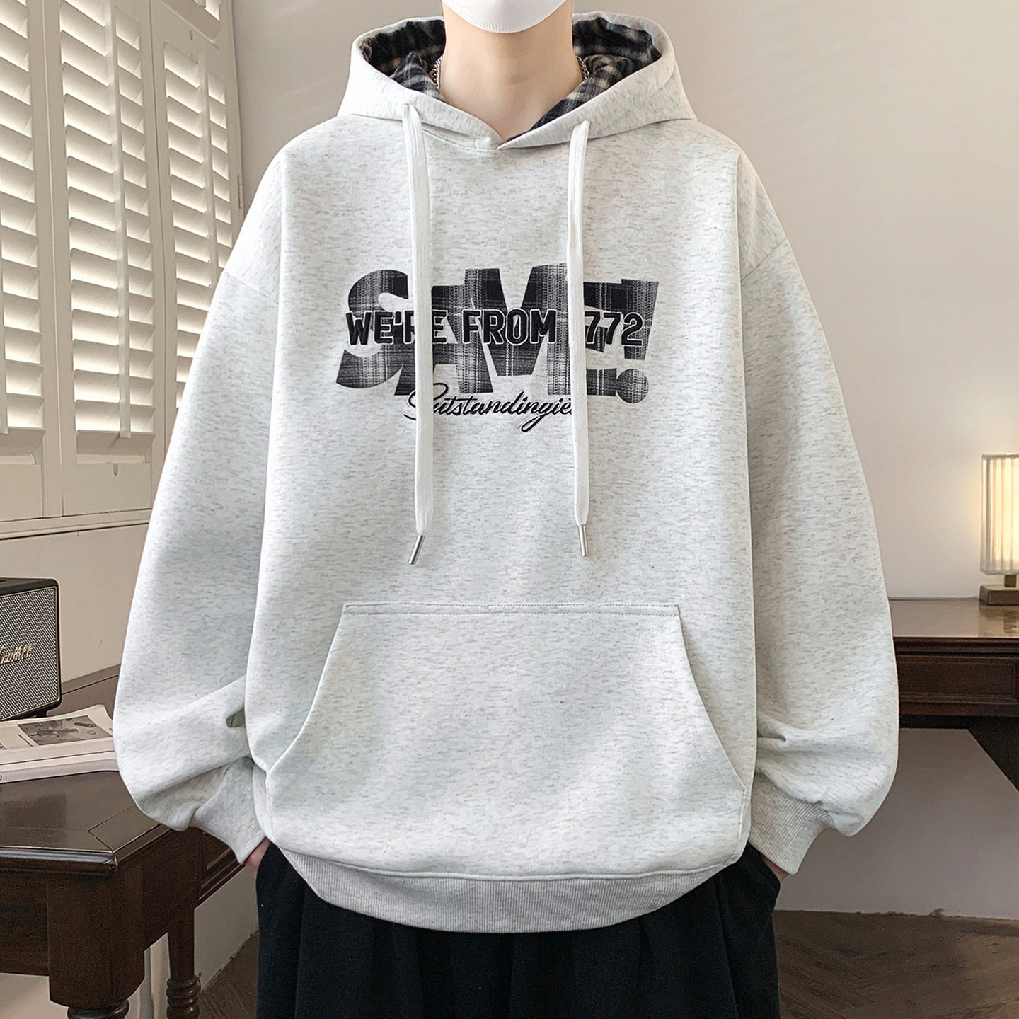 连帽卫衣男士春秋季上衣服初高中学生青少年休闲潮流宽松刺绣外套