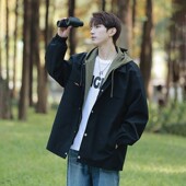 薄款 夹克外套男春秋季 上衣学生假两件高街潮牌痞帅宽松衣服 式 衬衫