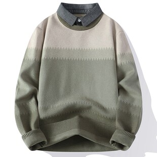 假两件毛衣男秋冬季2024新款打底针织衫衬衫领男款加厚毛线衣外套