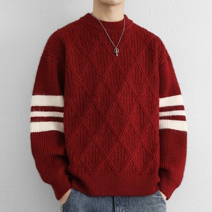 条纹毛衣男款秋冬季本命年红色针织衫男情侣款内搭加厚保暖毛线衣