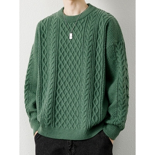 绿色毛衣男秋冬款圆领潮牌毛线衣麻花内搭保暖衣服冬装男士针织衫