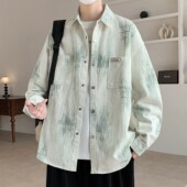 宽松翻领长袖 美式 新款 外套男春季 衬衣男宽松休闲夹克上衣 扎染衬衫