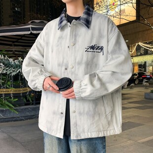 衬衫 牛仔外套男春秋季 新款 刺绣翻领夹克男生休闲宽松褂子上衣潮 式