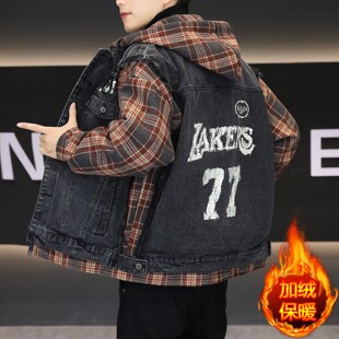 假两件加绒加厚牛仔外套男冬季保暖棉袄高中学生宽松帅气连帽棉衣