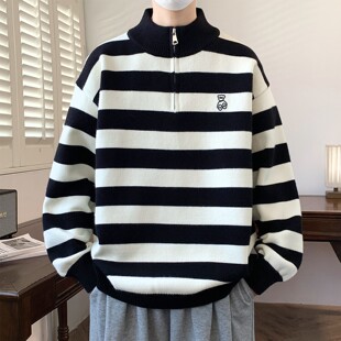 半拉链毛衣男款秋冬季2025新款青少年条纹小熊加厚内搭针织打底衫