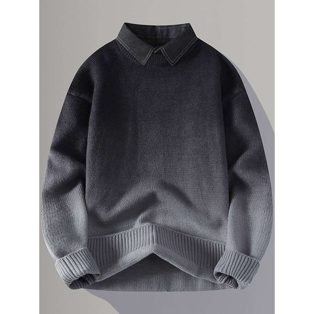 高级感假两件针织衫男2024新款渐变衬衫领毛衣男冬天保暖内搭线衣