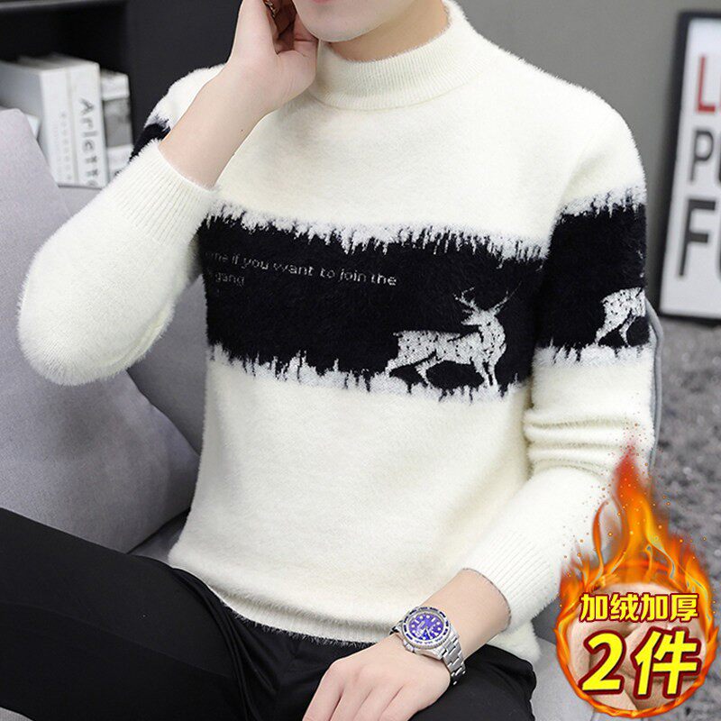 冬装水貂绒毛衣男士半高领打底衫加绒加厚保暖毛衫秋冬季内搭衣服