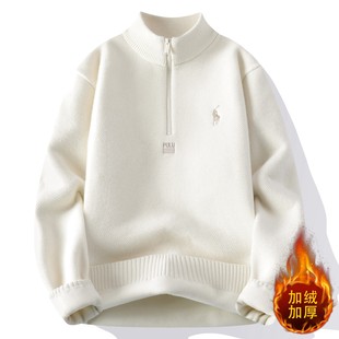 一体绒刺绣毛衣男冬季2025新款保暖半高领加绒加厚男装针织打底衫