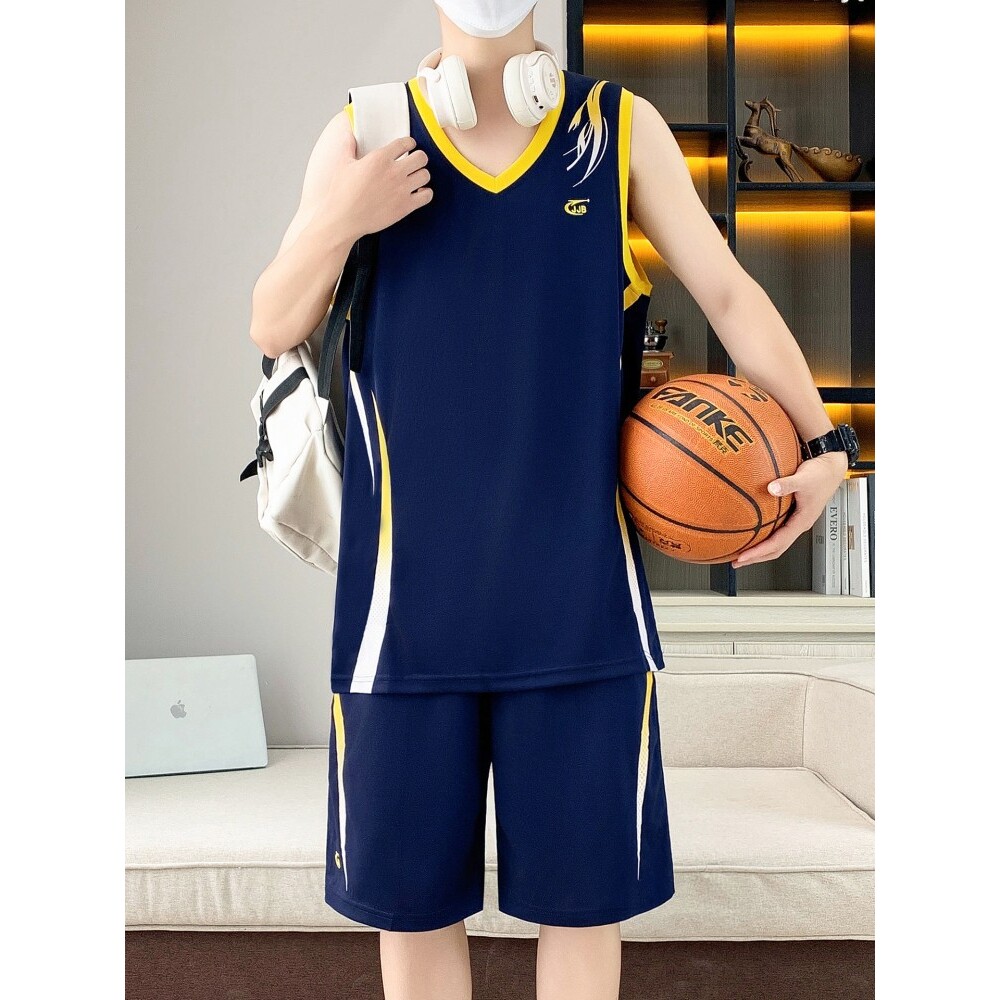 背心短裤运动无袖篮球服男夏青少年男装帅气学生潮流套装冰丝一套
