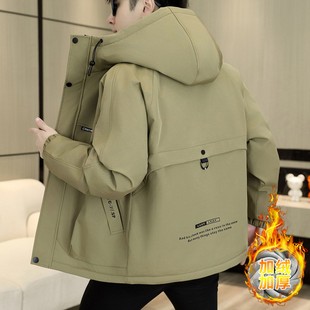 秋冬季加绒加厚夹克男宽松连帽保暖棉服冬装休闲百搭短款风衣外套