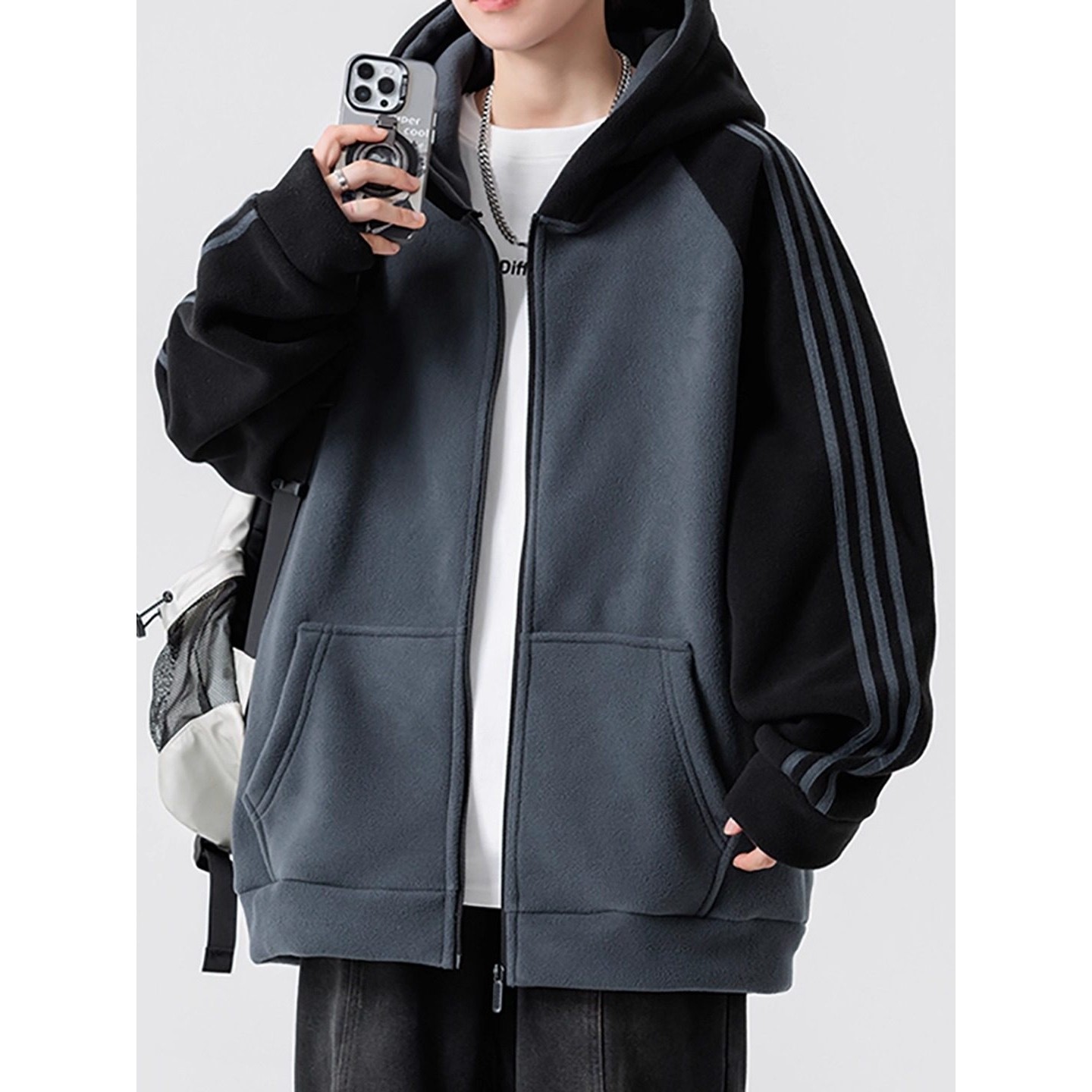 三条杠条纹运动连帽外套男秋冬美式摇粒绒开衫双面绒宽松情侣卫衣,户外/登山/野营/旅行用品,作训外套/套装/野战套装,淘宝优惠券,粉丝福利购,淘宝优惠卷