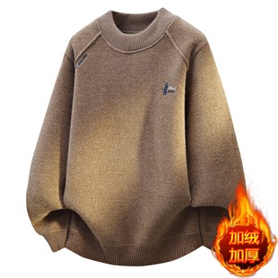 一体绒刺绣圆领毛衣男士加绒加厚冬季保暖上衣冬装男装内搭打底衫