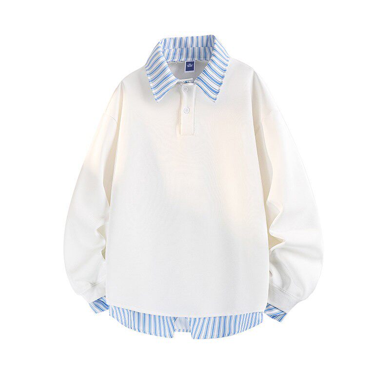 衬衫领卫衣男春秋季假两件潮牌薄款长袖t恤青少年学生polo打底衫