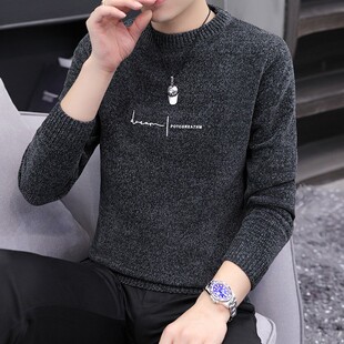 男士雪尼尔毛衣秋冬季新款圆领针织衫修身线衣加厚保暖套头打底衫