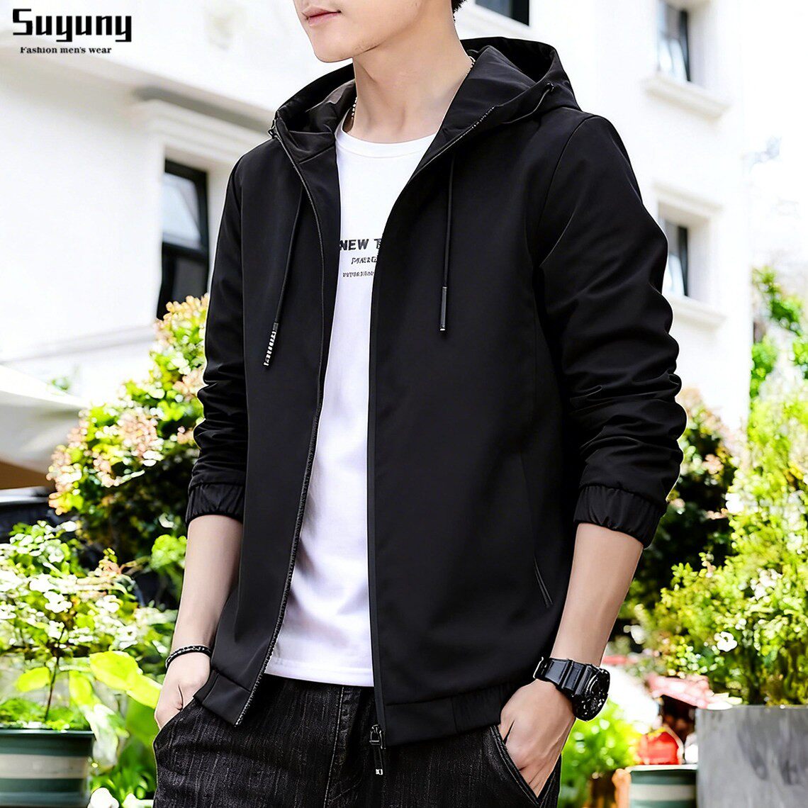 连帽薄款夹克男士春秋季2026新款宽松外套春装青年黑色休闲上衣服