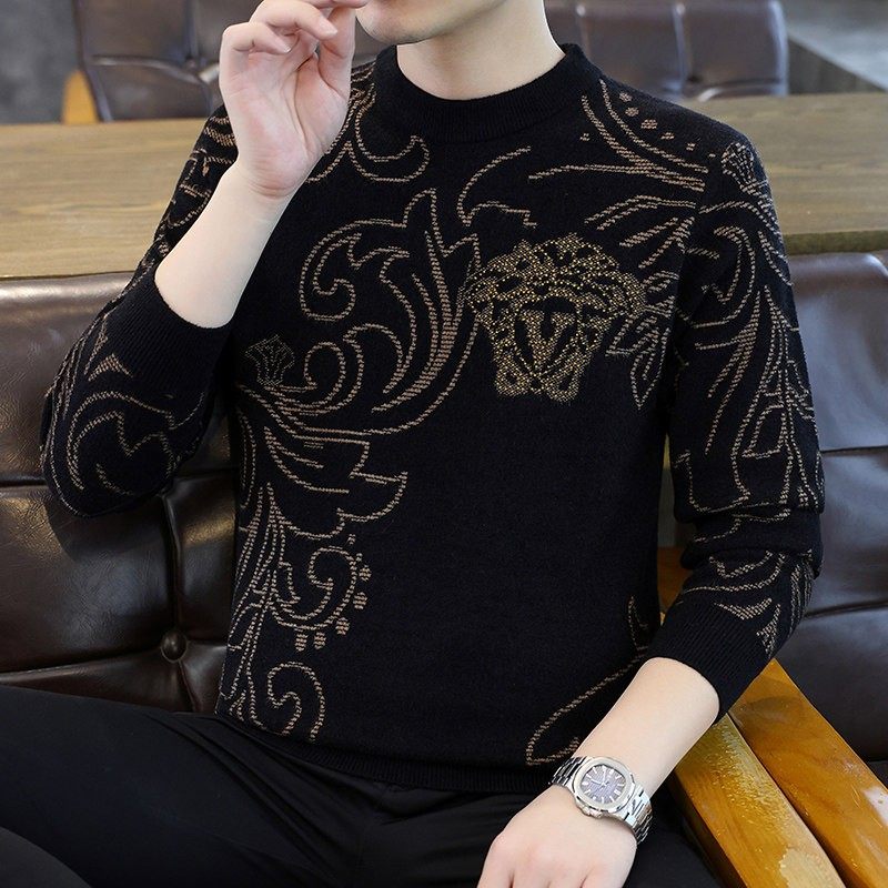 高级感秋冬季潮牌男士针织衫毛衣痞帅轻奢烫钻欧货圆领打底衫上衣