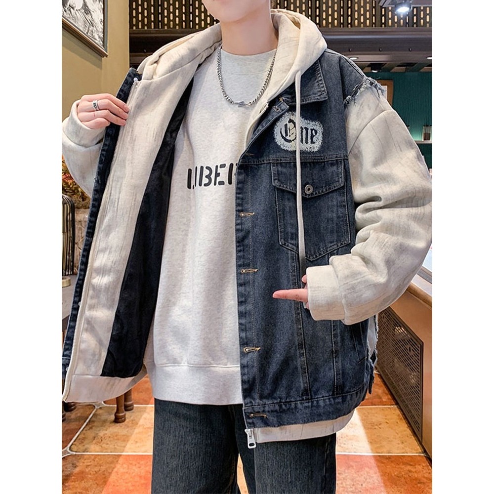 假两件牛仔外套男秋冬季加绒加厚潮牌拼接复古夹克男连帽宽松棉服,运动/瑜伽/健身/球迷用品,篮球服,淘宝优惠券,粉丝福利购,淘宝优惠卷