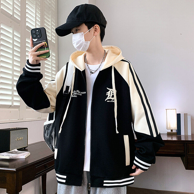 春季连帽卫衣男开衫拉链拼接男孩棒球服外套青少年初中学生上衣服