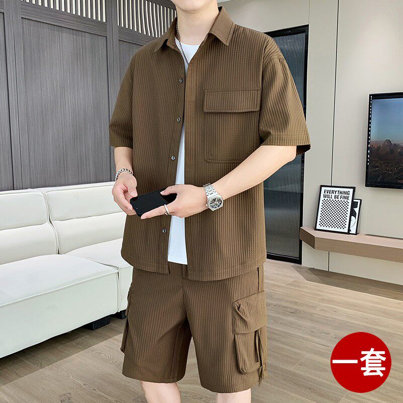 夏季冰丝套装男七分袖衬衫宽松潮流帅气薄款工装短裤男装搭配一套