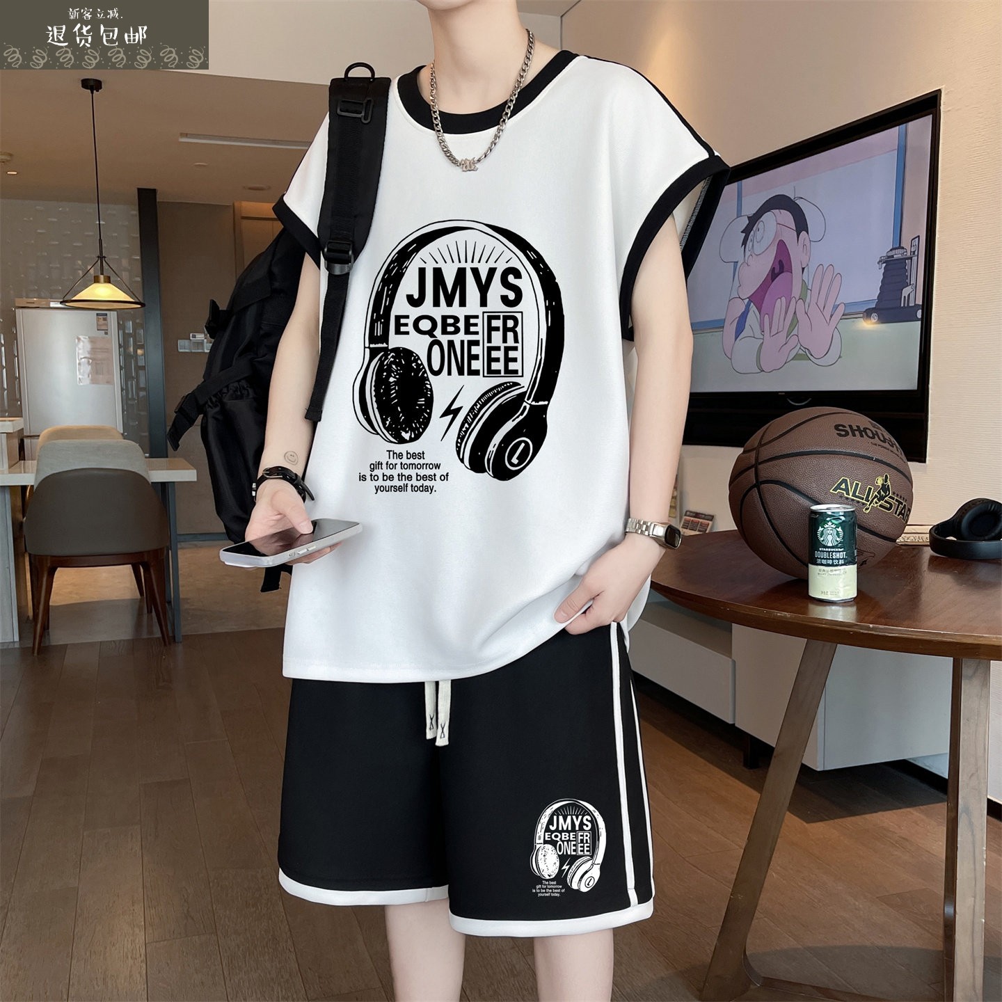 青少年新款夏季薄款坎肩背心时尚男生休闲无袖短裤帅气套装一整套