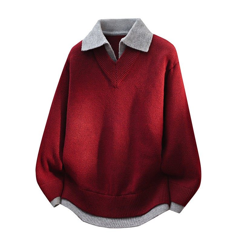 假两件翻领毛衣男士秋冬季安哥拉红毛线衣秋冬季新款针织衫慵懒风