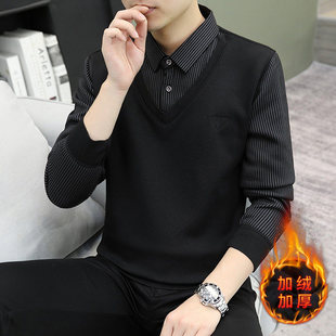毛衣男款冬季假两件衬衫男加绒加厚秋冬高端男士打底衫男装针织衫