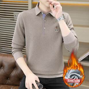 男士翻领卫衣秋冬季加绒加厚保暖内搭打底上衣中年长袖t恤polo衫