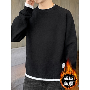 基本款毛衣男秋冬季新款潮牌加绒加厚线衣内搭黑色圆领针织打底衫
