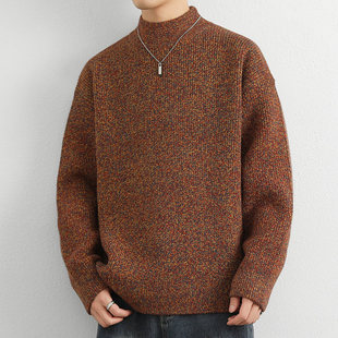 半高领秋冬季毛衣男加厚复古慵懒风上衣青少年保暖宽松潮牌针织衫