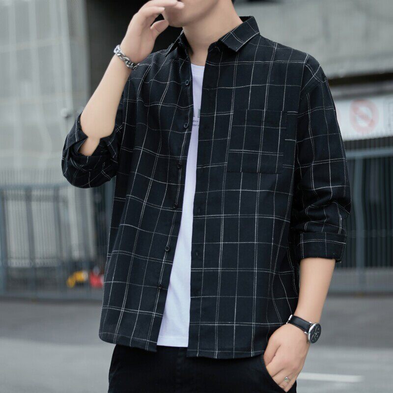 格子印花衬衫夏季百搭冰丝凉感翻领长袖男寸衫休闲宽松款港风衬衣