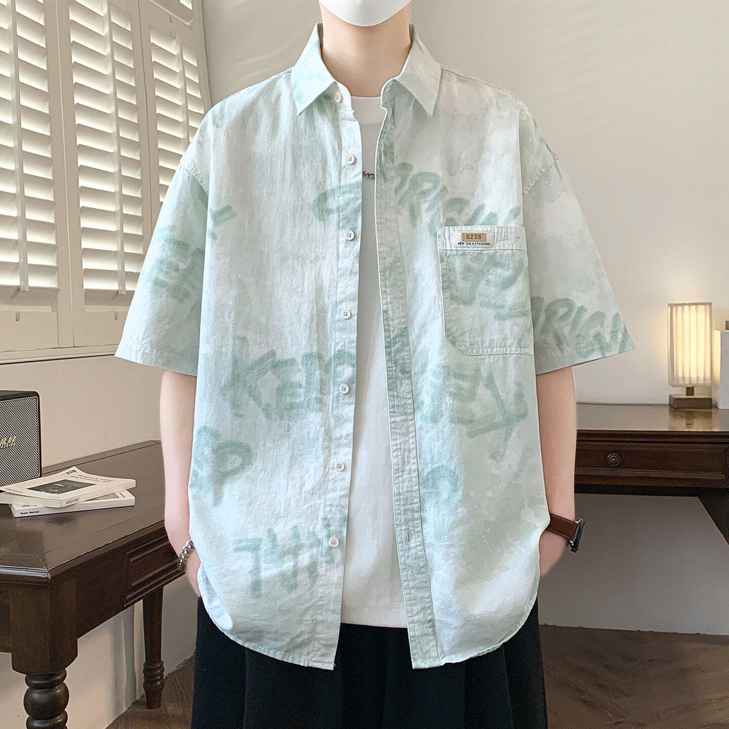 扎染纯棉短袖衬衫男夏季新款高级感痞帅半袖衬衣男士休闲百搭上衣