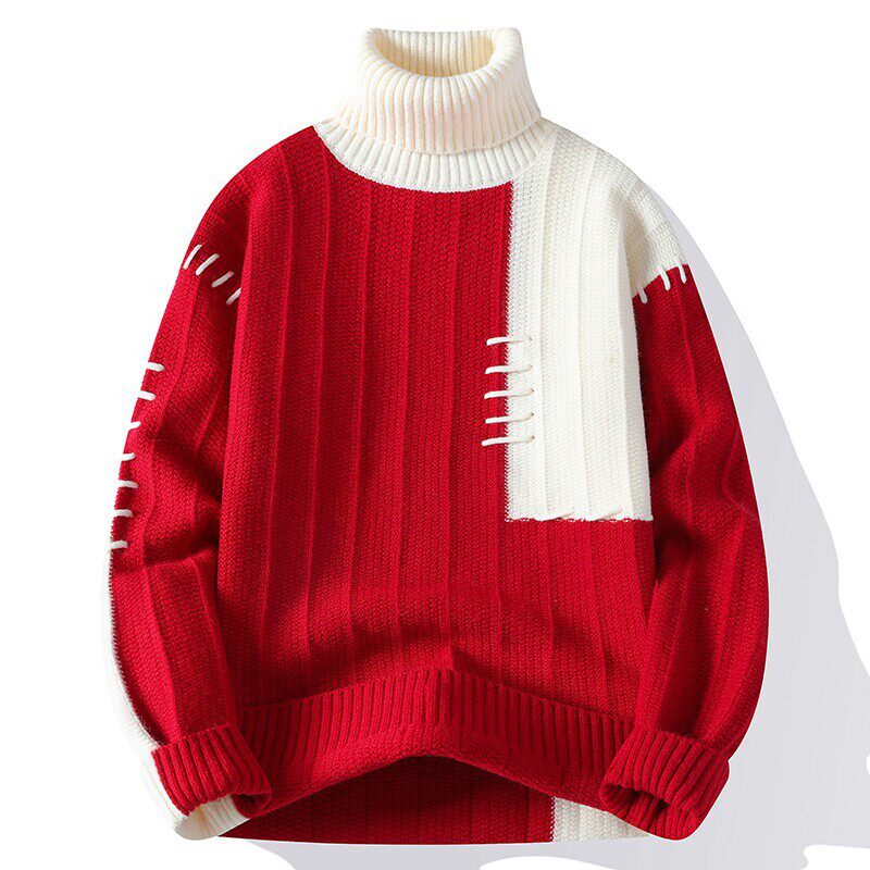 红色高领毛衣男青少年拼接秋冬季加厚保暖学生针织打底衫男装上衣