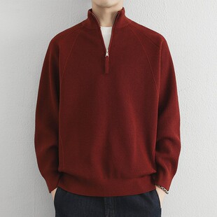 高级感本命年红色半拉链立领毛衣男秋冬季美式加厚套头针织衫线衣