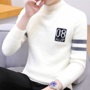 秋冬季水貂绒毛衣男士半高领潮流针织打底衫加绒加厚保暖冬装上衣