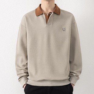 高级感翻领卫衣男士春秋季加绒宽松Polo衫长袖t恤内搭有领打底衫