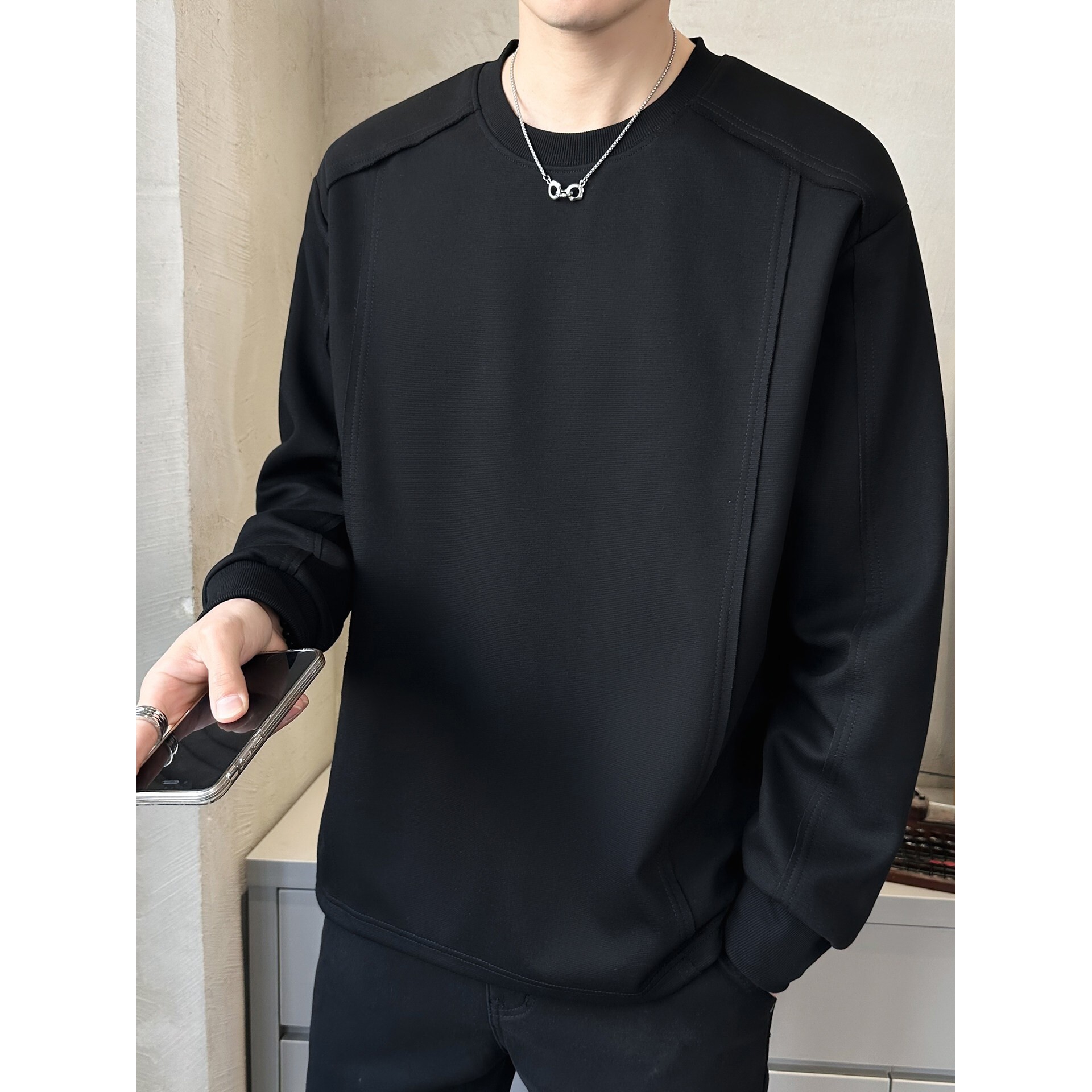 高级感圆领卫衣男士春装潮牌宽松长袖T恤春秋季内搭打底衫t上衣服