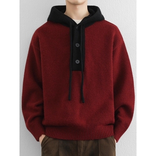 男士连帽撞色毛衣冬季本命年红色毛线衣加厚内搭保暖针织衫高级感