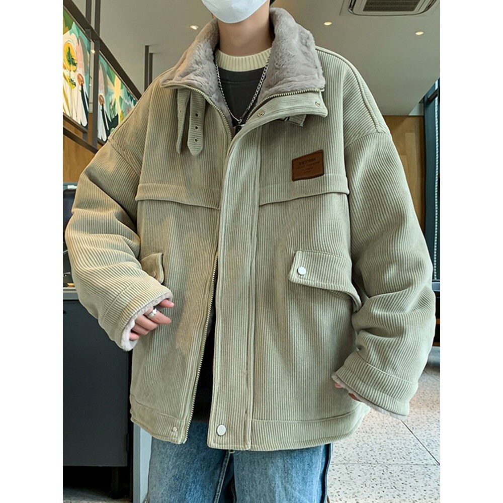 灯芯绒夹克男秋冬季新款加绒加厚翻领工装棉衣青少年保暖冬装外套