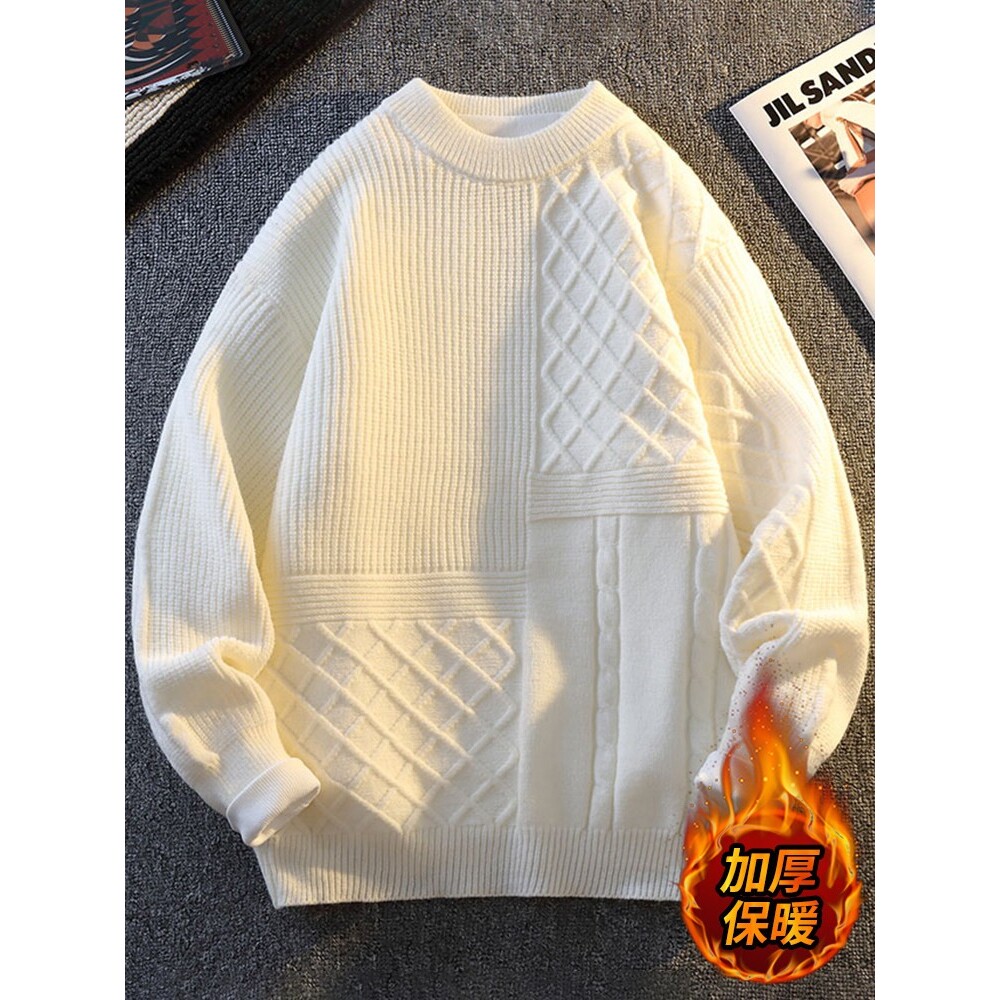 白色毛衣男秋冬季加厚潮牌高级感针织衫男宽松休闲帅气青少年毛衫