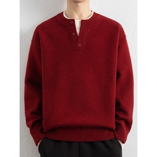 大红色毛衣男秋冬季假两件本命马年加绒宽松慵懒风加厚打底针织衫