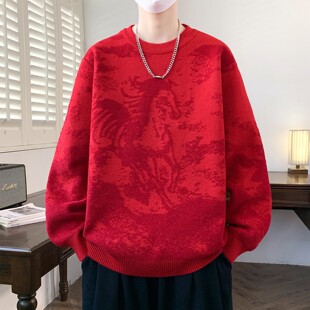 慵懒风红色毛衣男款冬季本命年大童针织衫男高中学生加厚保暖衣服