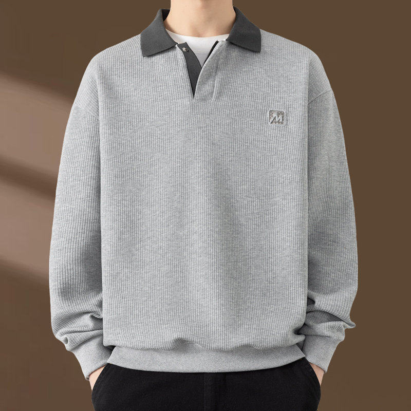 高级感撞色翻领男士卫衣春秋季2026新款加绒加厚polo领长袖打底衫