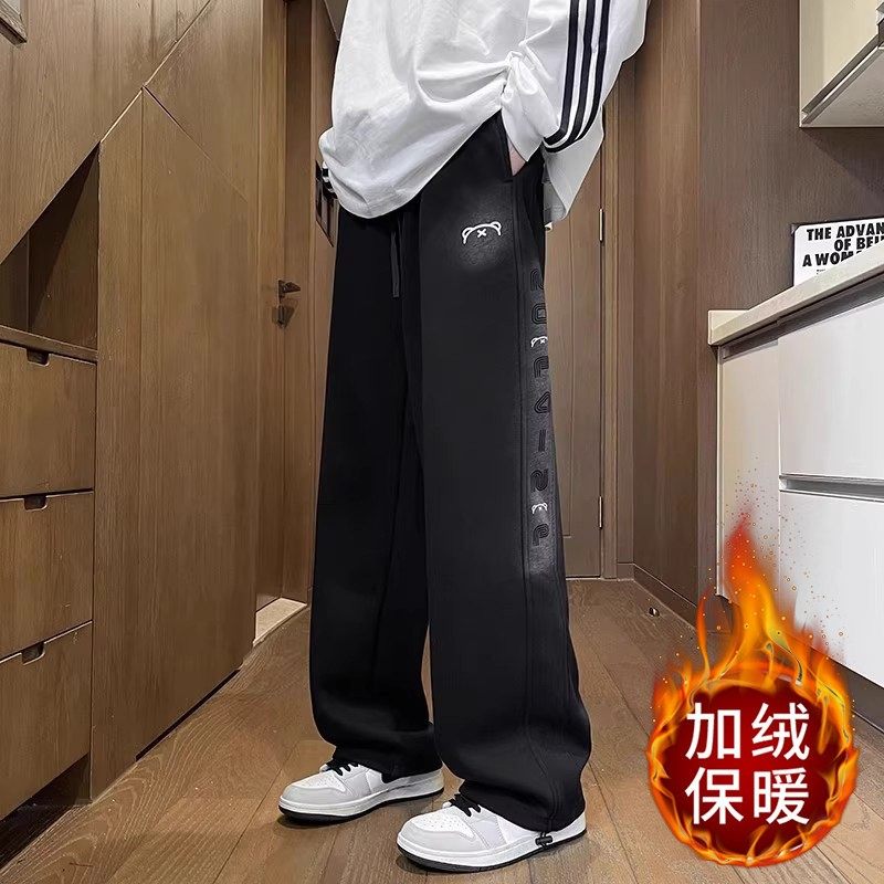 秋冬季青少年男裤子潮牌初中学生直筒宽松大童潮流加绒休闲运动裤