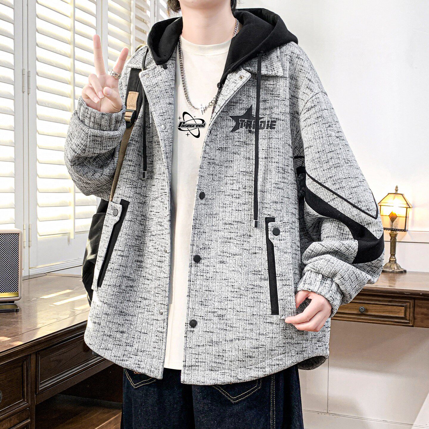 可拆卸帽外套男春秋季小香风韩系宽松拼接夹克男中性廓形春装上衣