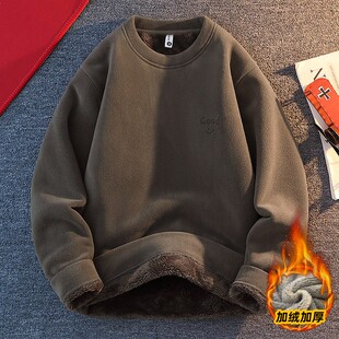 加绒卫衣男秋冬季潮加厚圆领青少年长袖羊羔绒奥粒绒保暖内搭衣服